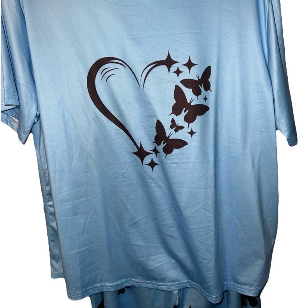 NWOT Blue PJ Set with Heart and Butterfly Design